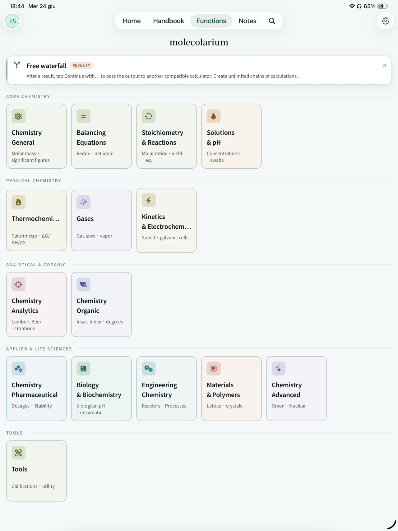 Lista calcolatori di Molecolarium su iPad